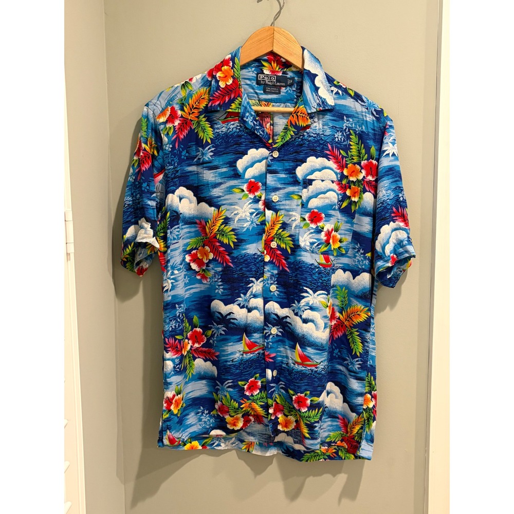 Polo Ralph Lauren Vintage Caldwell Hawaiian Shirt BlueTropical Floral Sailboat S